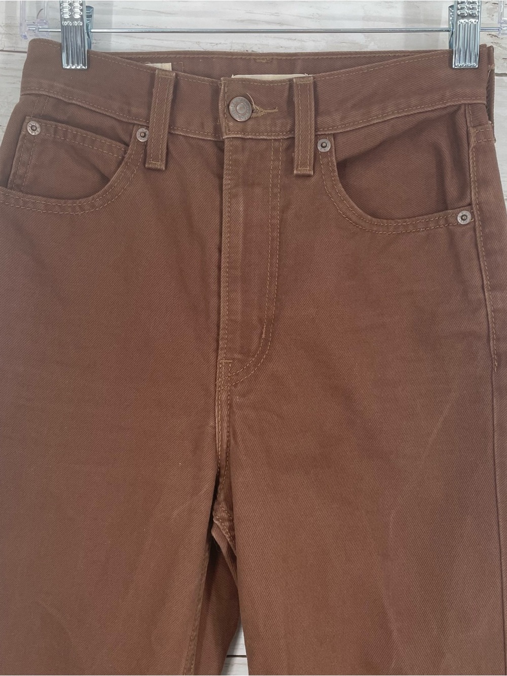 Levi's Premium 70s High Flare Jeans Rich Brown High Rise Size 24 Accent Pockets - Picture 5 of 10
